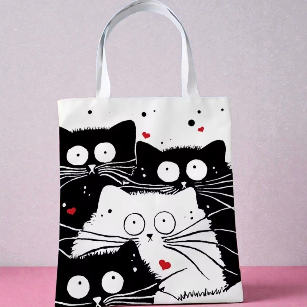 Cat Print Tote Bag - Black and White